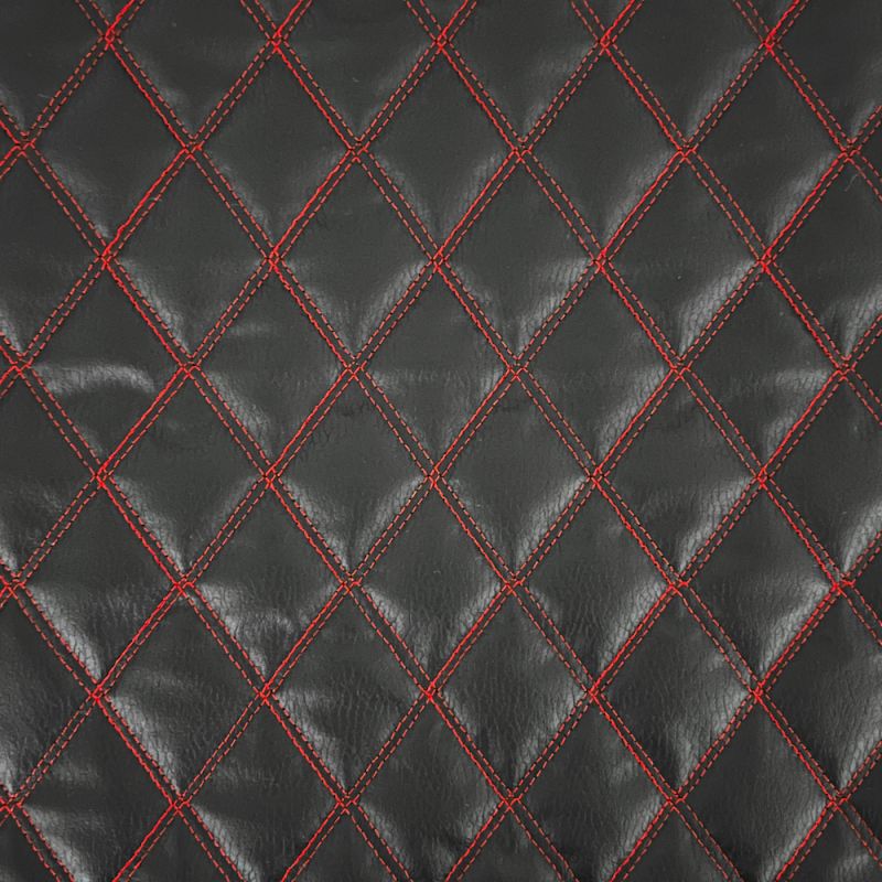 Stitched Leatherette Leather Vinyl Fabric - Black with Red