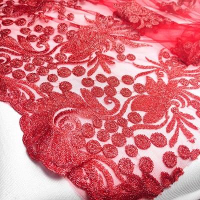 Double Edge Scallop Embroidered Glitter Lace - Red