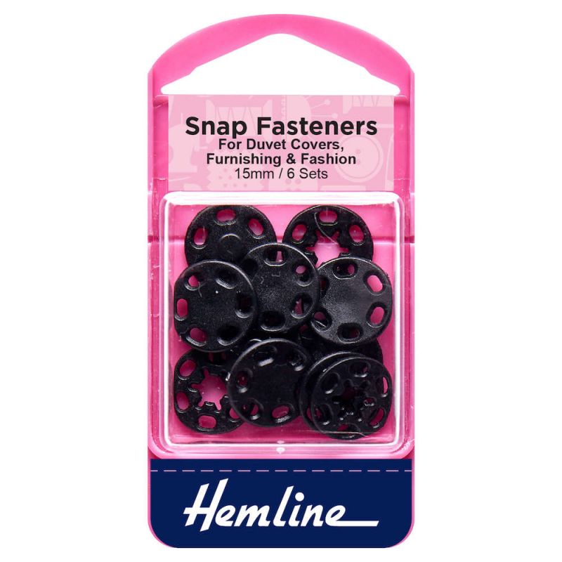 Hemline Snap Fasteners Sew-on Black (Plastic) 15mm Pk of 6