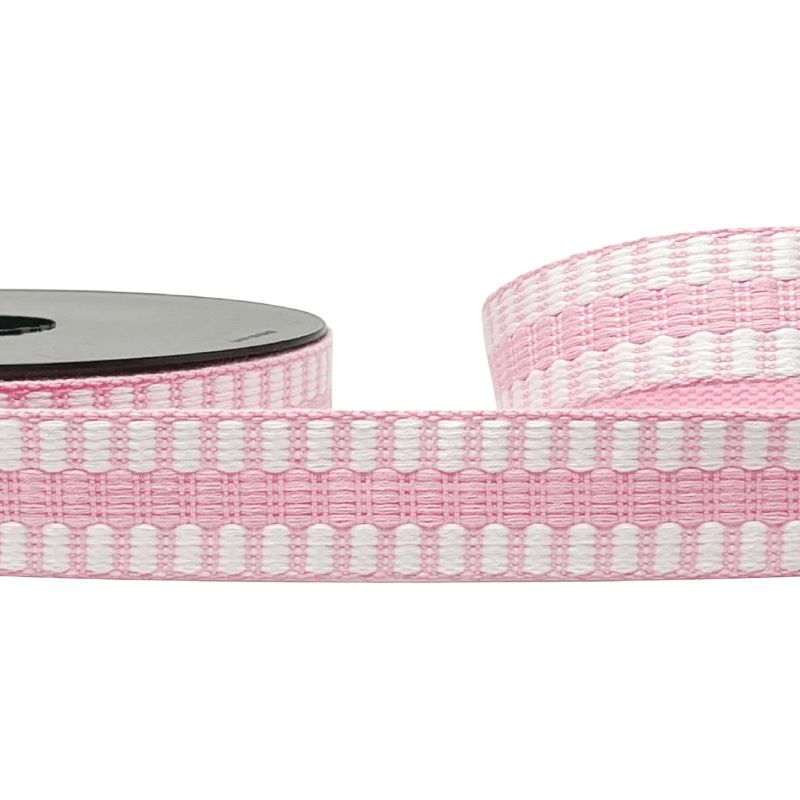 30mm Cotton Mix Tile Stripe Webbing - Pink / White