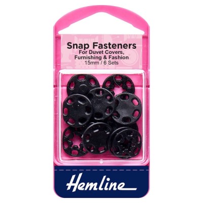 Hemline Snap Fasteners Sew-on Black (Plastic) 15mm Pk of 6